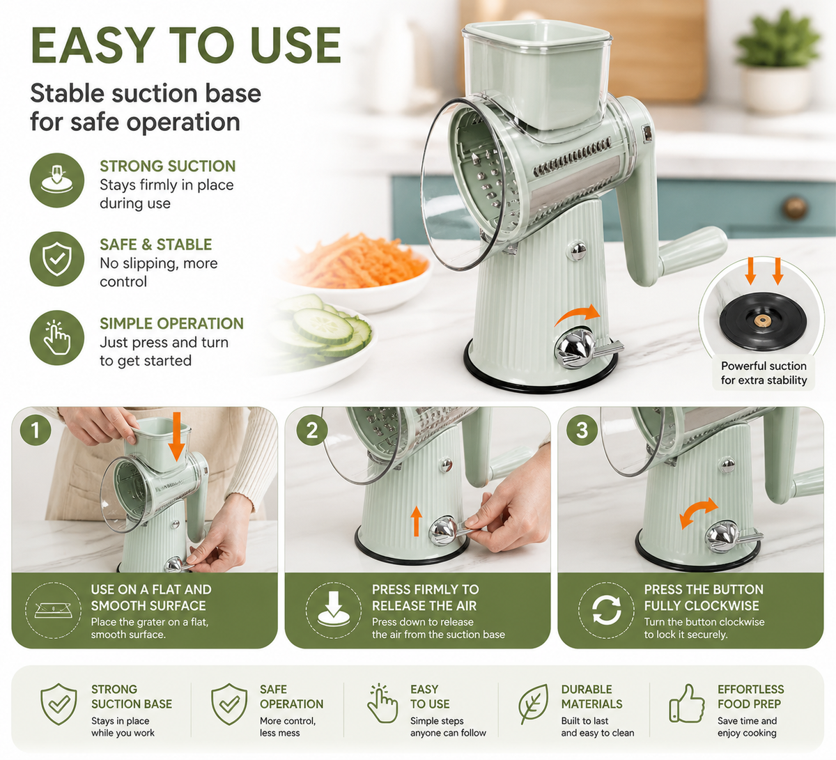 Vegetable Slicer – 5-in-1 Rotary, Mandoline, Suction Base, Multi-Function