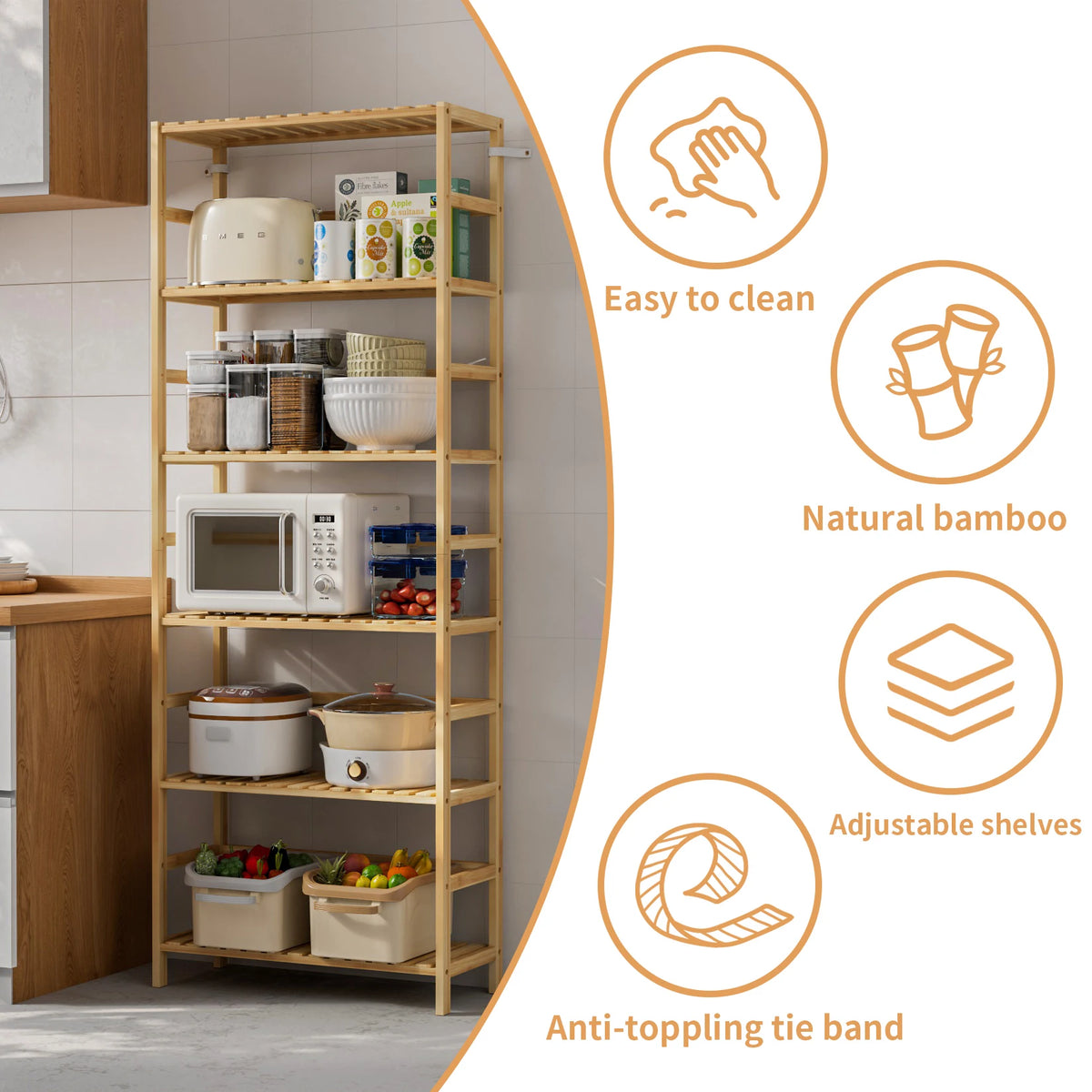 Storage Rack – Adjustable, 6-Tier, Bamboo Shelving Unit