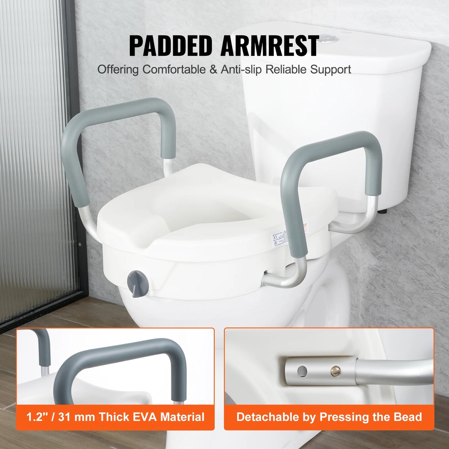 Elevated Toilet Seat with Padded Armrests & Secure Twist-Lock Fit