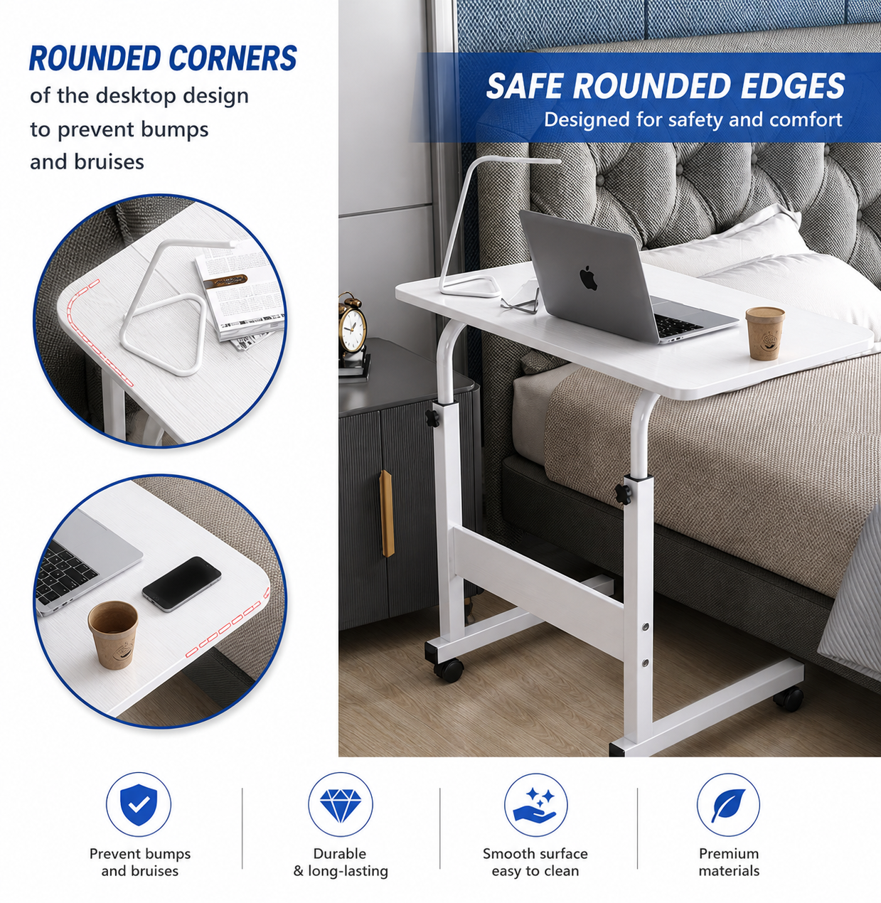 Mobile laptop desk adjustable bedside, or sofa table rolling laptop stand portable computer desk with wheels AU - black