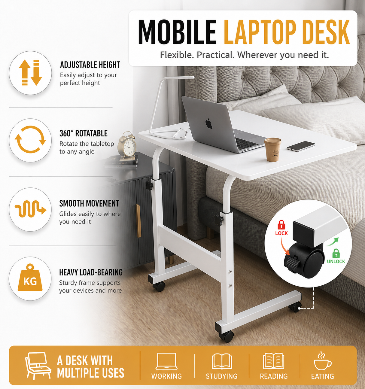 Mobile laptop desk adjustable bedside, or sofa table rolling laptop stand portable computer desk with wheels AU - black