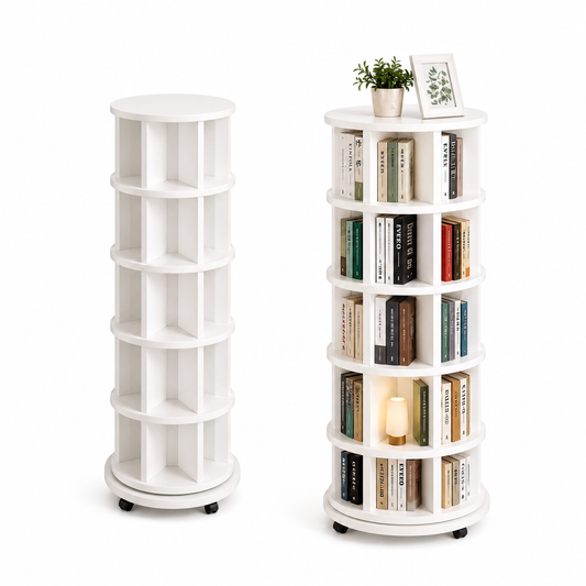 Bookshelf – Solid Wood, 360° Rotating, With Wheels, Spinning Bookcase