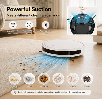 Super mini robot vacuum for pet hair, carpets & hard floors with self-charging