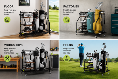 Golf or sport equipment organizer rack with shelves, wheels & elastic storage straps