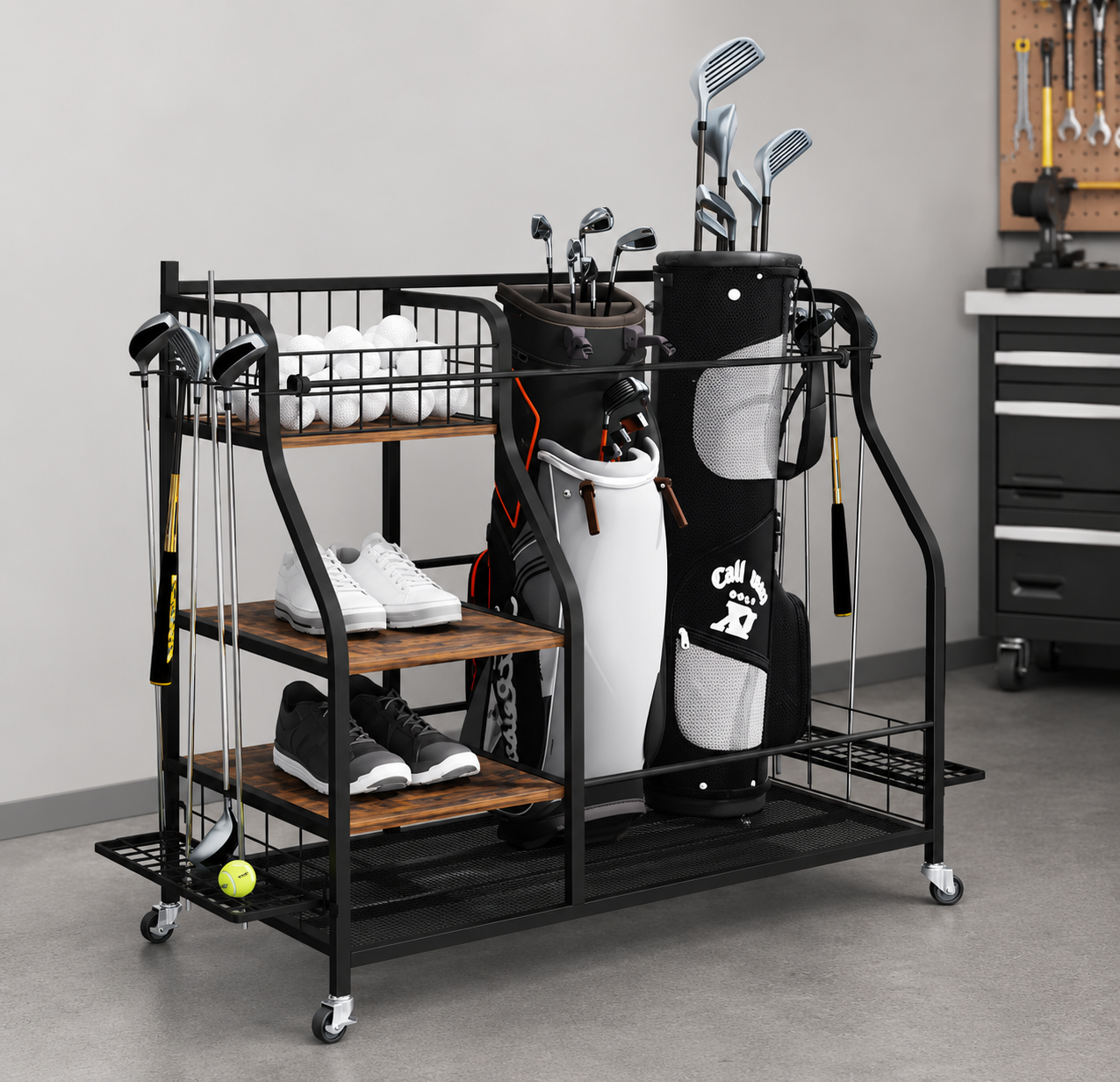 Golf or sport equipment organizer rack with shelves, wheels & elastic storage straps