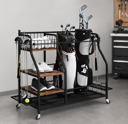 Golf or sport equipment organizer rack with shelves, wheels & elastic storage straps