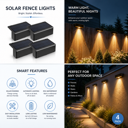 Solar LED wall light for outdoor use with waterproof wireless design; Perfect for garden and fence (balcony)