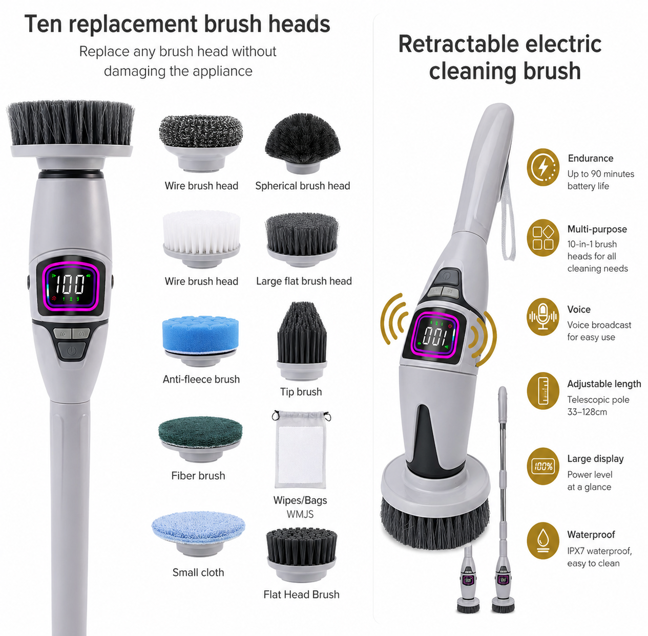 10 in-1 smart electric cleaning brush for effortless bathroom, kitchen and household cleaning - with voice prompts