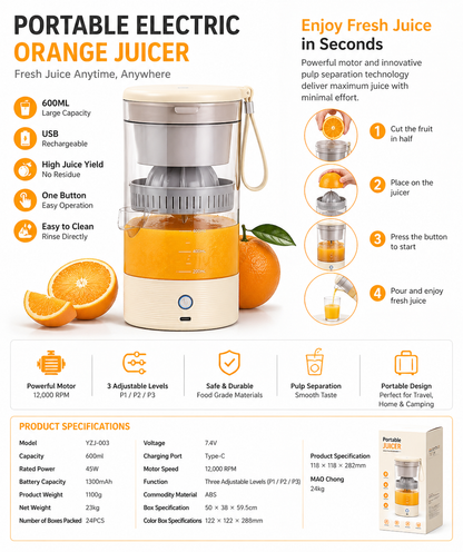 Portable electric citrus juicer 600ml usb rechargeable with pulp separation for fresh juice or smoothies anywhere (pistache green)