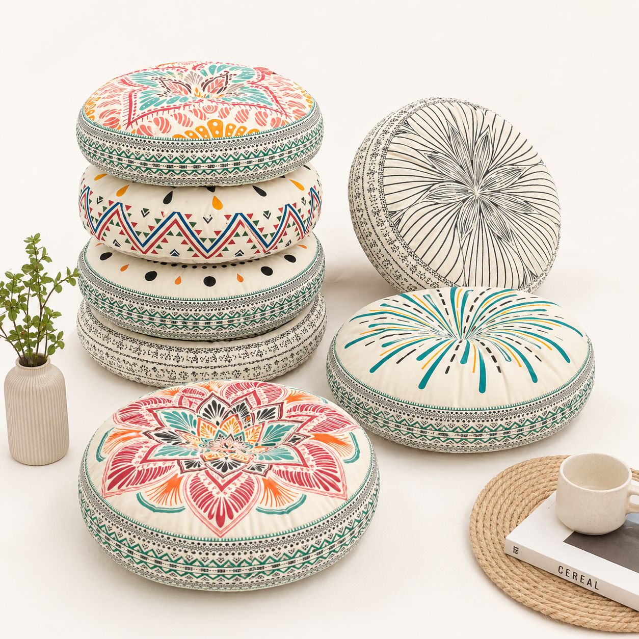 Round floor cushion 45cm thick boho tatami seat pillow for meditation, relaxation and everyday comfort - multicolor