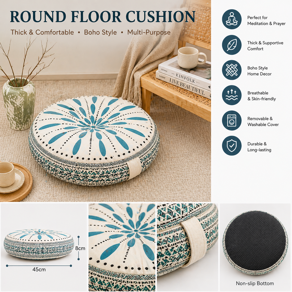 Floor Cushion – Round, 45cm, Thick, Boho Tatami, For Meditation & Decor
