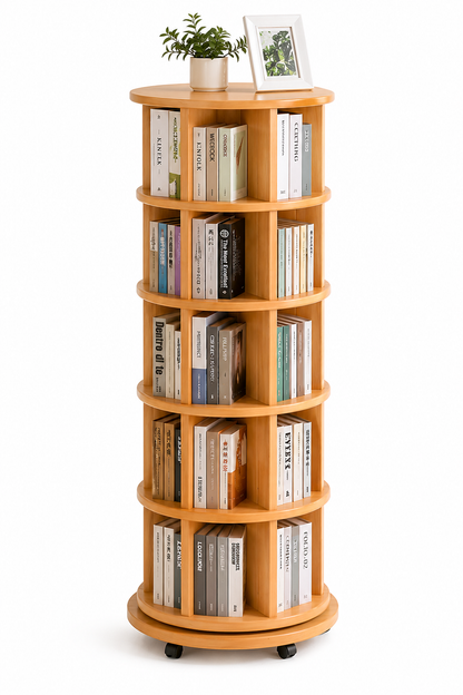 Bookshelf – Solid Wood, 360° Rotating, With Wheels, Spinning Bookcase