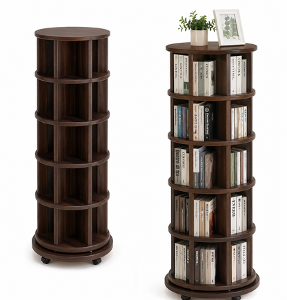 Solid wood rotating bookshelf with wheels, 360 degree spinning bookcase space saving storage for home or office