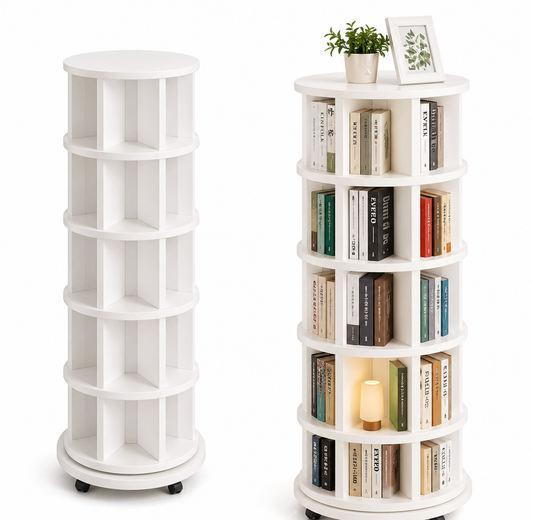 Solid wood rotating bookshelf with wheels, 360 degree spinning bookcase space saving storage for home or office (off-white)