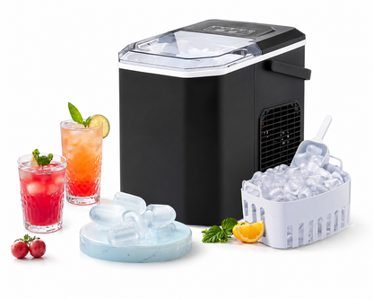 Portable countertop ice maker 26lb daily 9 cubes in 6 minutes fast ice machine: self cleaning, 2-sizes ice with basket and scoop