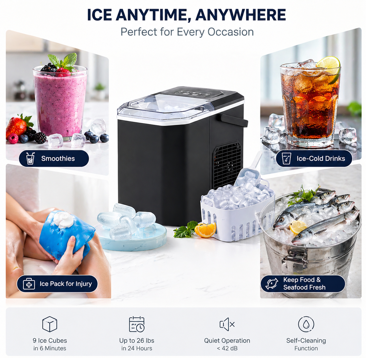 Portable countertop ice maker 26lb daily 9 cubes in 6 minutes fast ice machine: self cleaning, 2-sizes ice with basket and scoop