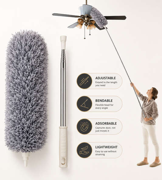 Extendable microfiber duster with flexible head for high ceilings & hard-to-reach areas and car cleaning