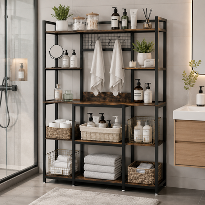 Multi-Purpose 5 Tier Backer's Storage Rack with Shelves, Hooks & Organiser Station