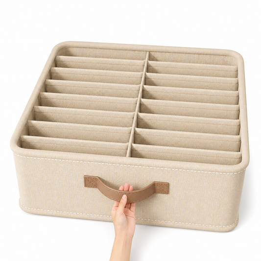 Wardrobe Clothes Organiser with compartments for T-Shirts, Socks, Jeans and every day essentials for space saving (beige)