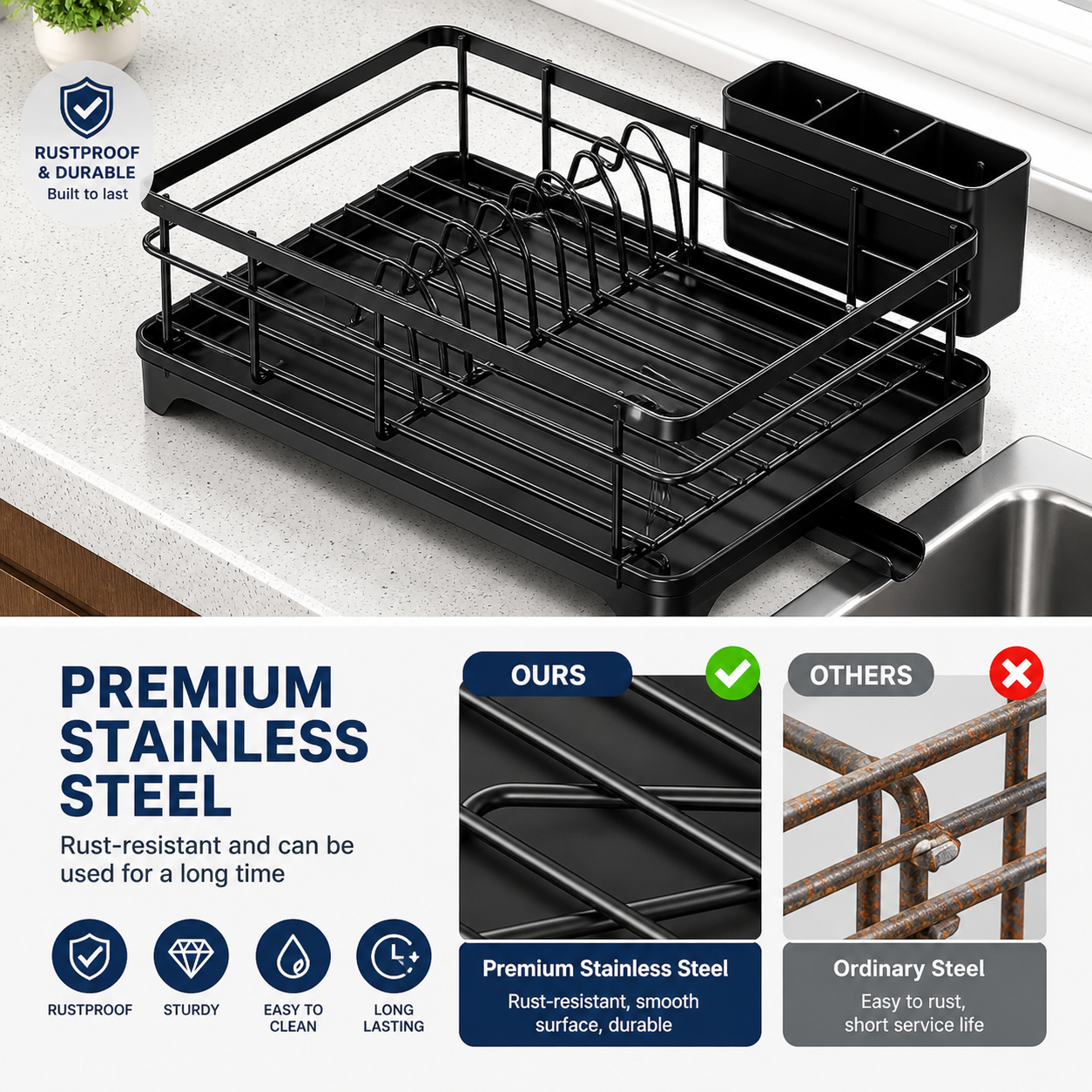 Dish drying rack large kitchen dish drainer with drainboard utensil holder rustproof drying rack for sink counter