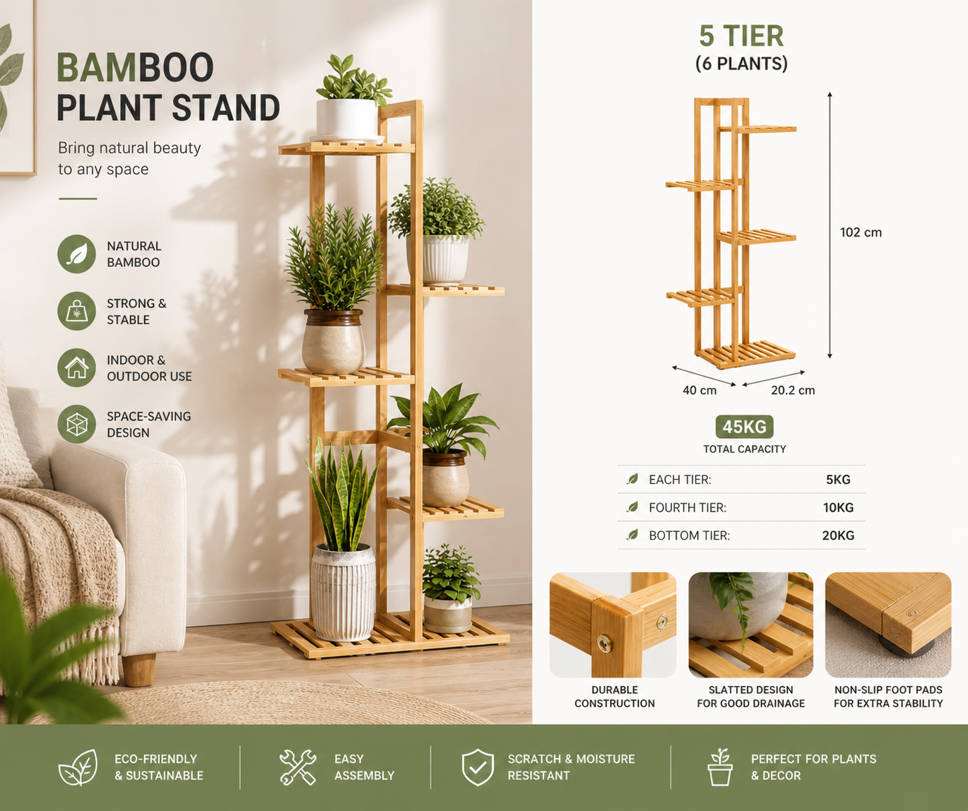 Bamboo plant stand 6 tier tall plant shelf corner flower rack indoor outdoor space saving plant display