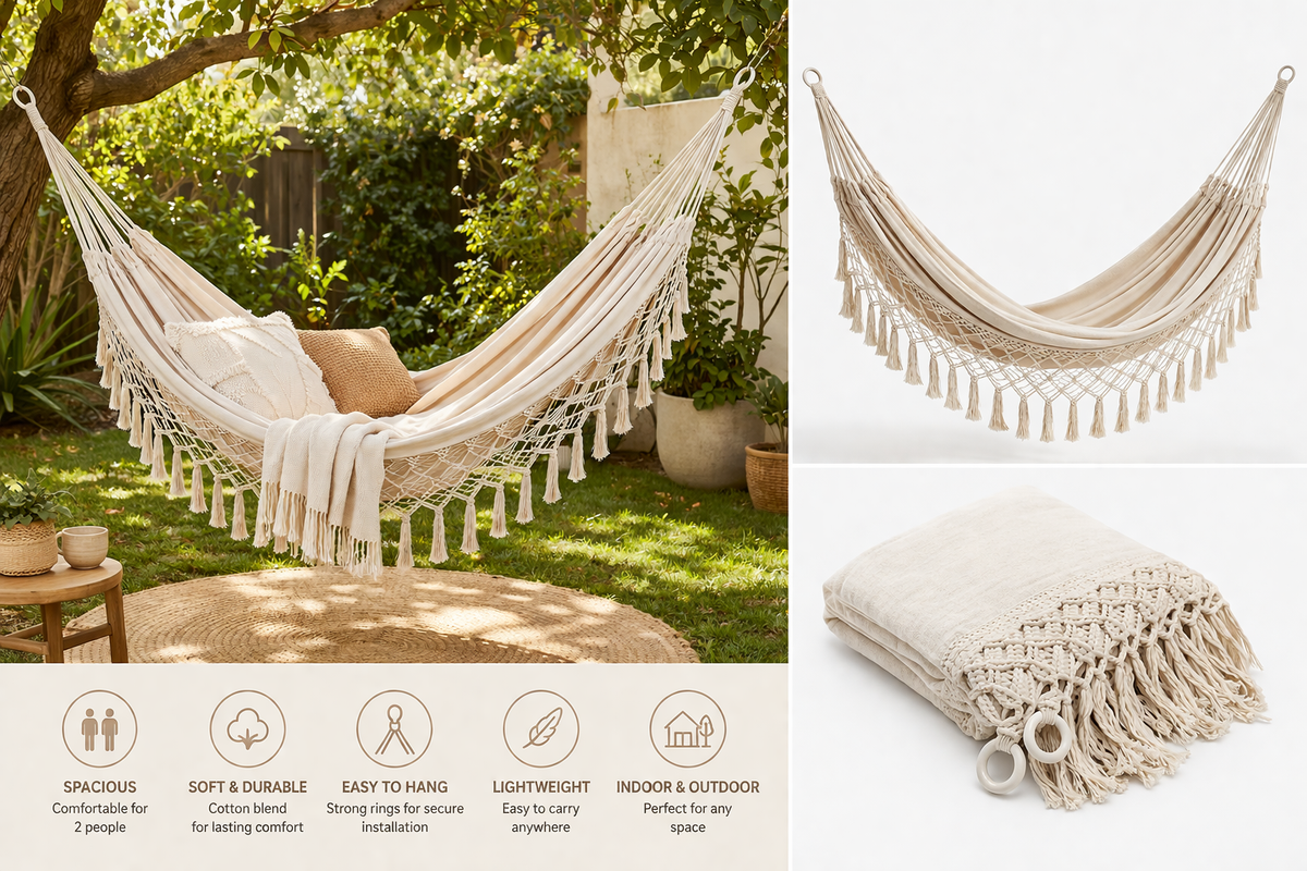 Double Hammock – Boho Macrame, 2-Person, Cotton, Indoor & Outdoor