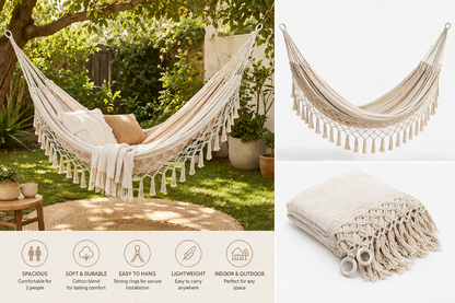 Double Hammock – Boho Macrame, 2-Person, Cotton, Indoor & Outdoor