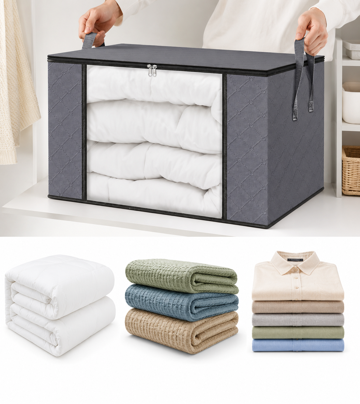 Large, Foldable Capacity Storage Organiser for Bedding, Quilts & Seasonal Clothing with viewing window