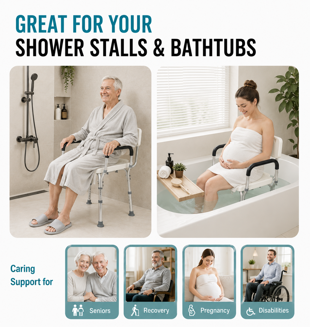 Height Adjustable Shower Chair with Back Support & Non-Slip Stability