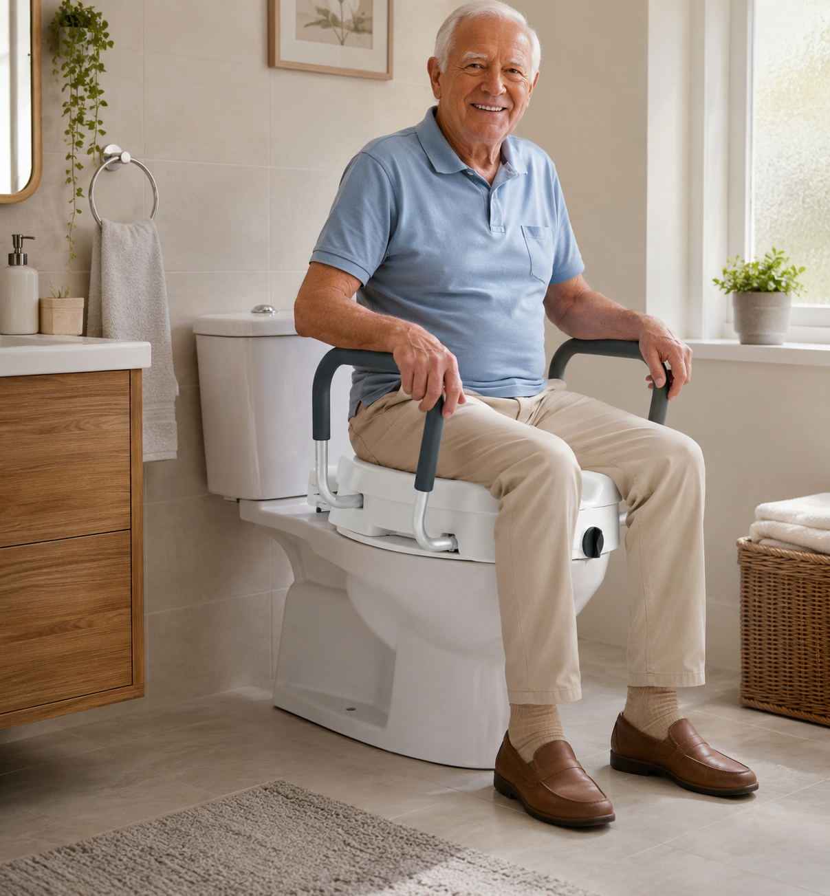 Elevated Toilet Seat with Padded Armrests & Secure Twist-Lock Fit