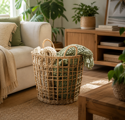 Laundry Basket – Handwoven Boho Rattan, Natural, With Handles