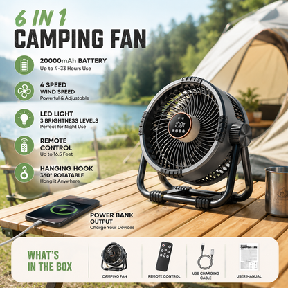 6-in-1 Portable Camping Fan with LED Light & Power Bank – 20000mAh Rechargeable Outdoor Tent Fan with Remote Control – 4 Speeds
