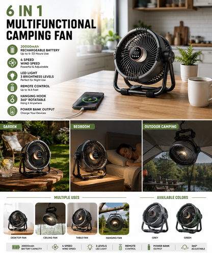 6-in-1 Portable Camping Fan with LED Light & Power Bank – 20000mAh Rechargeable Outdoor Tent Fan with Remote Control – 4 Speeds