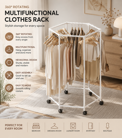 360° Rotating Clothes Rack with Shelves – Multifunctional Metal Garment Rack for Bedroom, Laundry & Entryway, easy to move