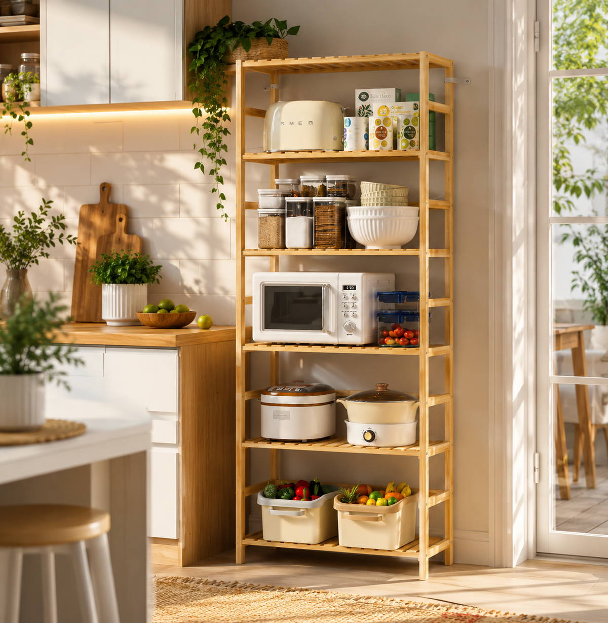 Storage Rack – Adjustable, 6-Tier, Bamboo Shelving Unit