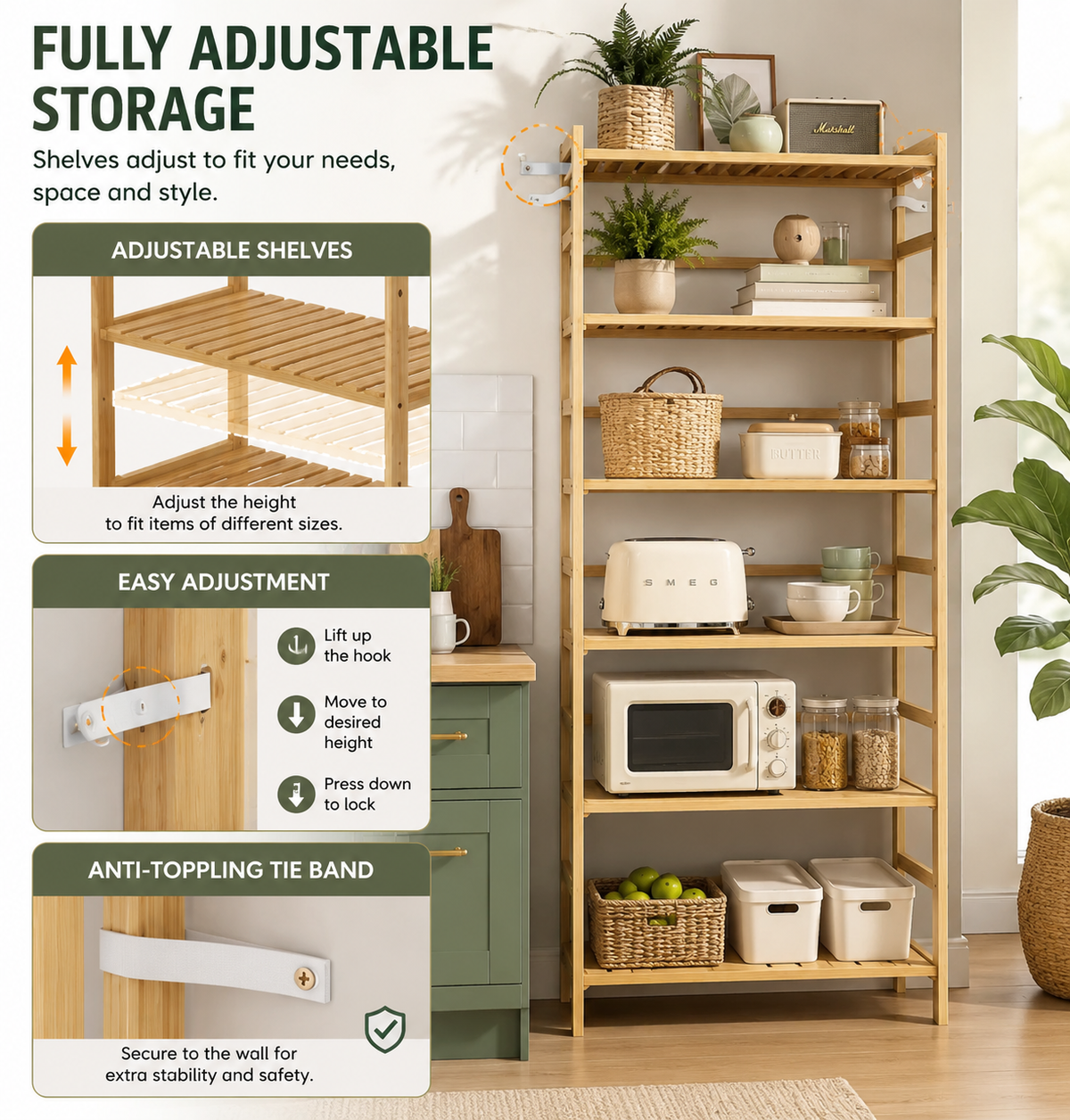 Storage Rack – Adjustable, 6-Tier, Bamboo Shelving Unit