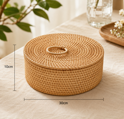 Storage Basket – Natural Handwoven Rattan, 5-Compartment, With Lid