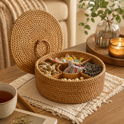 Storage Basket – Natural Handwoven Rattan, 5-Compartment, With Lid