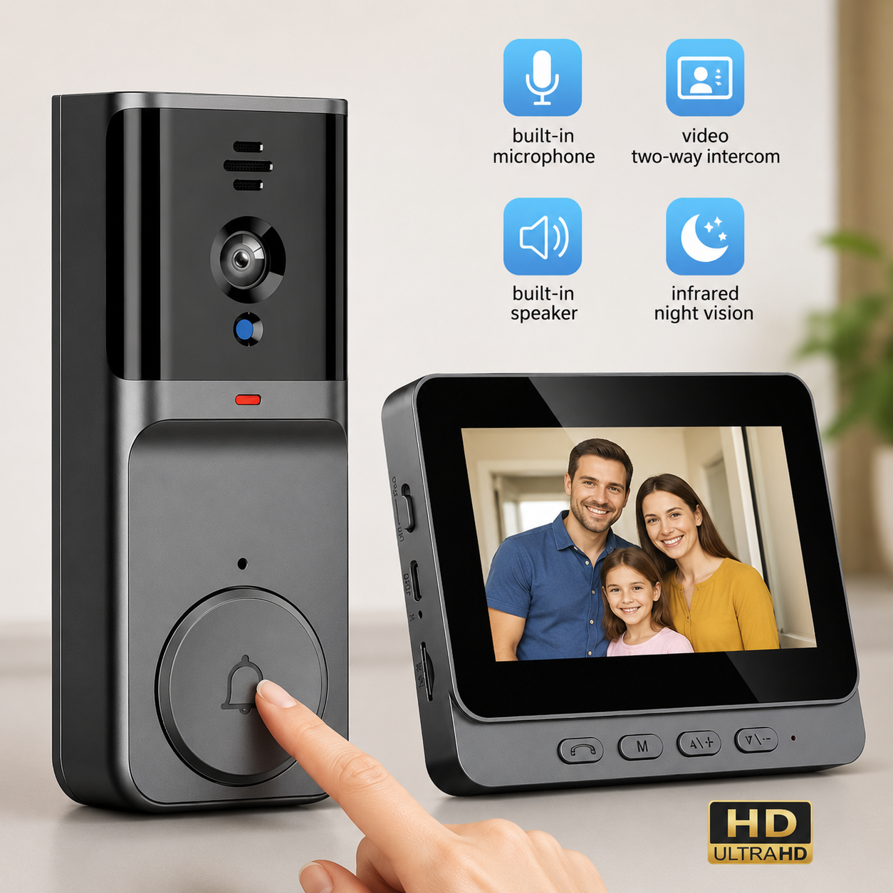 Feel Safe at Home Wireless Video Doorbell with 4.3" indoor Screen, Recording & Night Vision