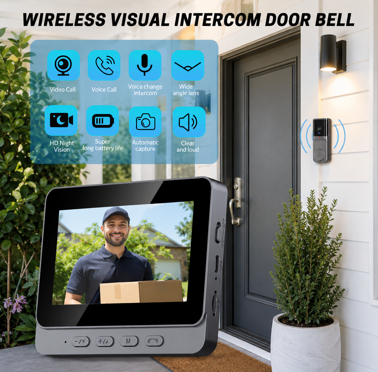 Feel Safe at Home Wireless Video Doorbell with 4.3" indoor Screen, Recording & Night Vision