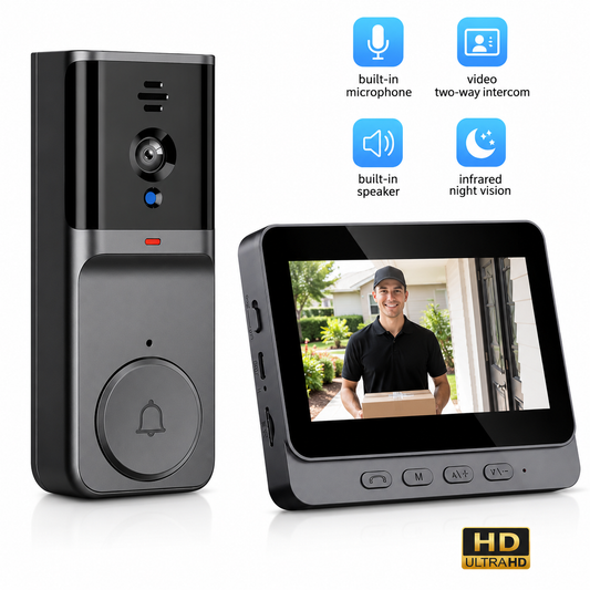 Feel Safe at Home Wireless Video Doorbell with 4.3" indoor Screen, Recording & Night Vision