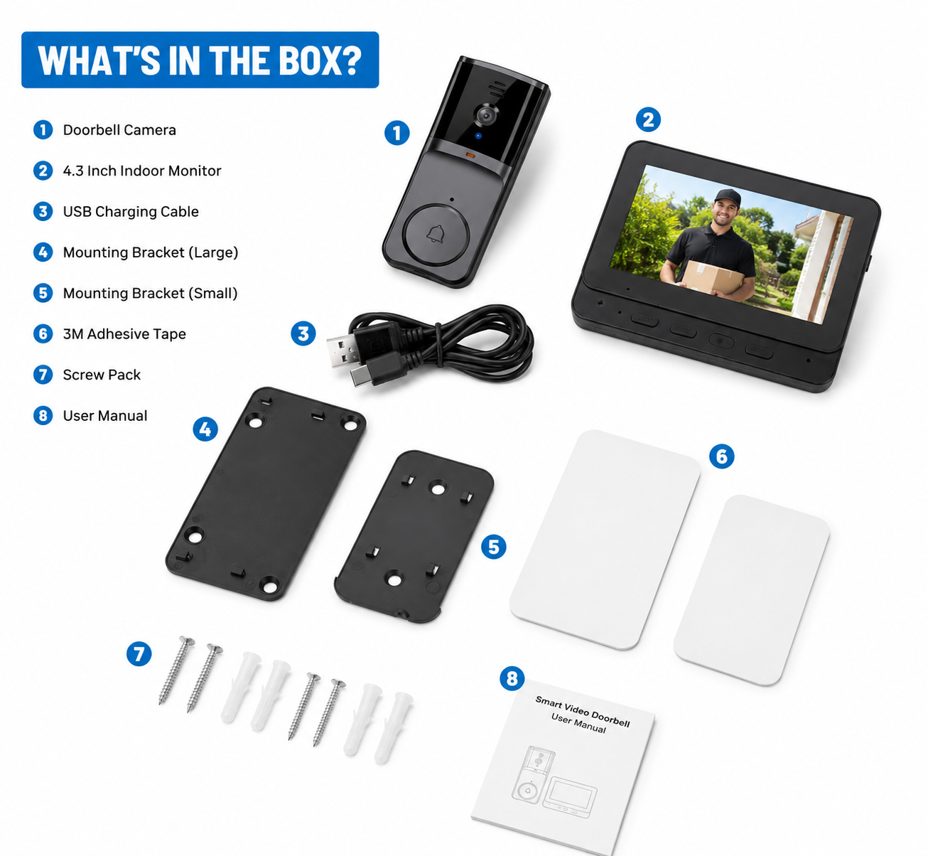 Feel Safe at Home Wireless Video Doorbell with 4.3" indoor Screen, Recording & Night Vision