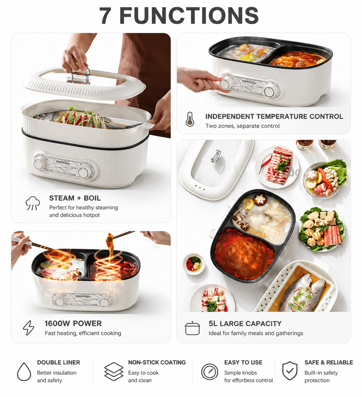 6l electric hot pot with double liner non stick multi function cooking pot for everyday kitchen use, with steamer