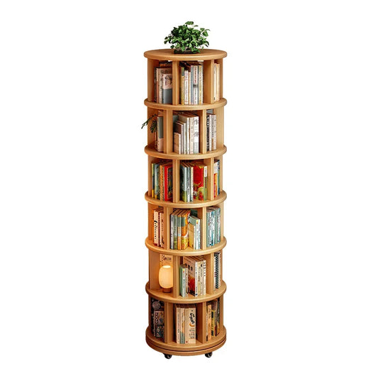 Solid wood rotating bookshelf with wheels, 360 degree spinning bookcase space saving storage for home or office (mid-brown)