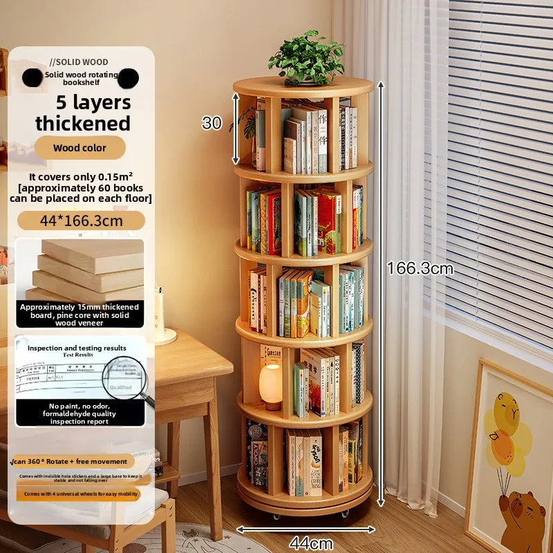 Bookshelf – Solid Wood, 360° Rotating, With Wheels, Spinning Bookcase