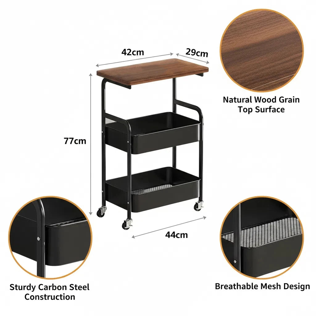 Storage Cart – Rolling, Multi-Tier, Locking Wheels, For Kitchen, Office & Home