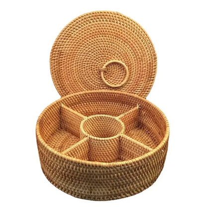 Storage Basket – Natural Handwoven Rattan, 5-Compartment, With Lid