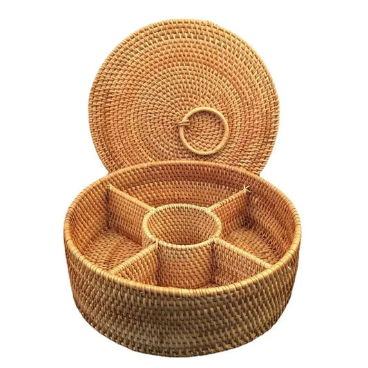 Natural handwoven rattan storage basket with Lid 5 Grid Organiser for snacks, sweets, jewellery & tea