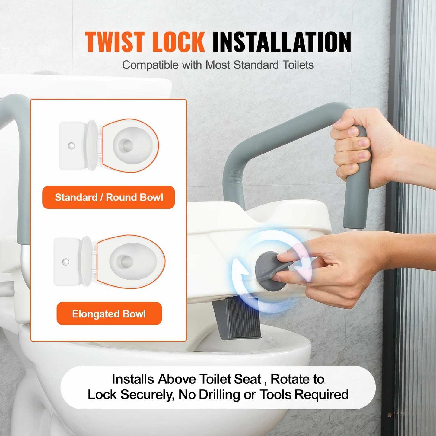 Elevated Toilet Seat with Padded Armrests & Secure Twist-Lock Fit
