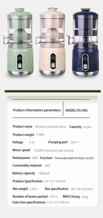 Portable electric citrus juicer 600ml usb rechargeable with pulp separation for fresh juice or smoothies anywhere (pistache green)
